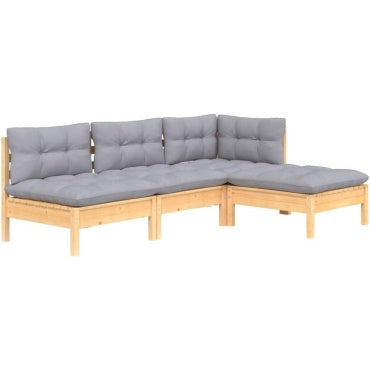Mobilier de jardin quatre pieces en pin massif avec coussins pour terrasse, balcon ou patio