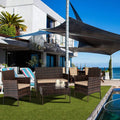 Ensemble de jardin en resine tressee avec canape, fauteuils, table en verre et coussins amovibles