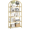 etagere en verre trempe a 5 niveaux avec structure en acier, meuble de rangement moderne finition doree