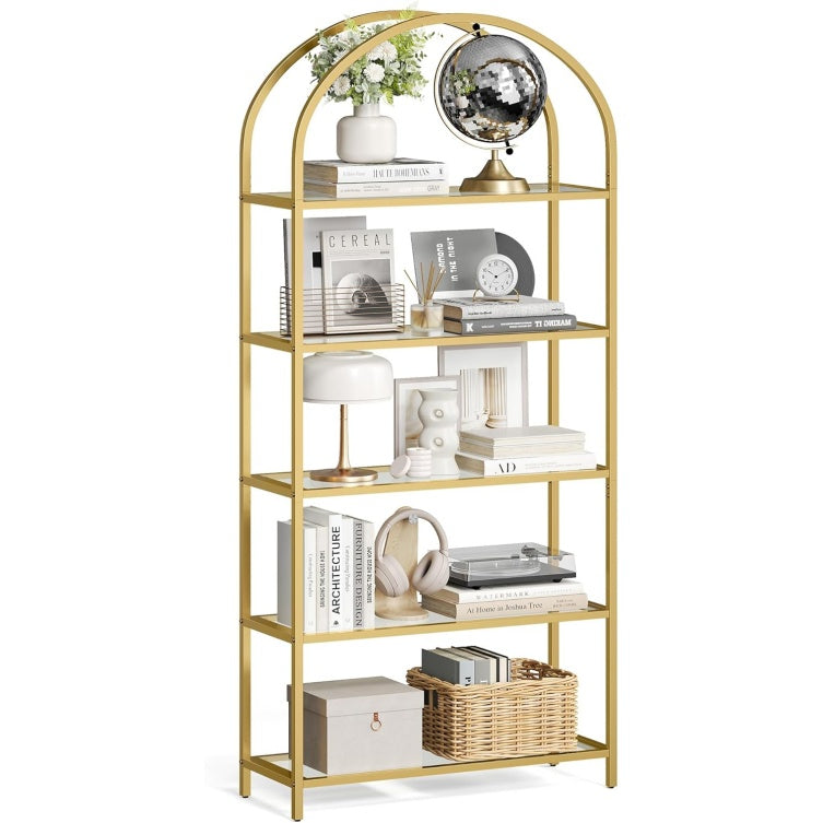 etagere en verre trempe a 5 niveaux avec structure en acier, meuble de rangement moderne finition doree