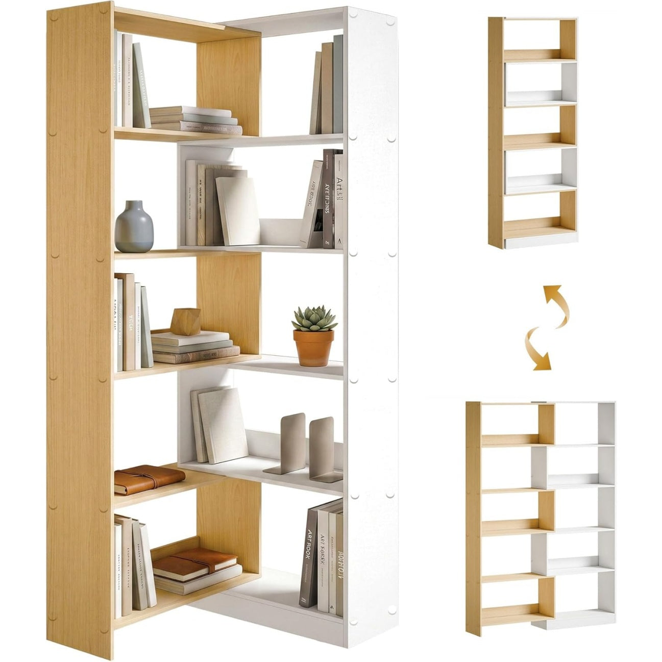 Bibliotheque d'angle pivotante 350° a 5 niveaux, meuble extensible en forme L pour salon, bureau ou petit espace, chêne et blanc