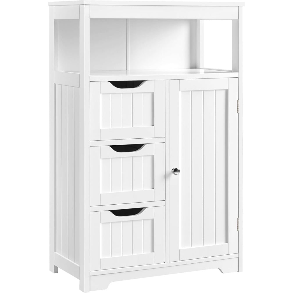 Meuble de rangement avec 3 tiroirs, placard et niche ouverte, armoire polyvalente pour salle de bain, cuisine ou couloir, blanc