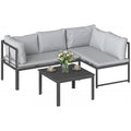 Mobilier de jardin modulable avec canape d'angle quatre places, coussins epais et table basse