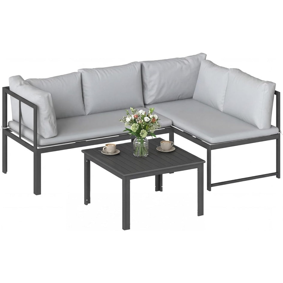 Mobilier de jardin modulable avec canape d'angle quatre places, coussins epais et table basse