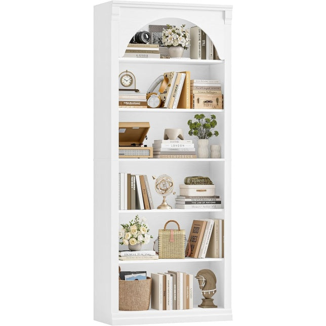 Grande bibliotheque blanche en forme d'arche avec 6 niveaux de rangement, hauteur 186 cm