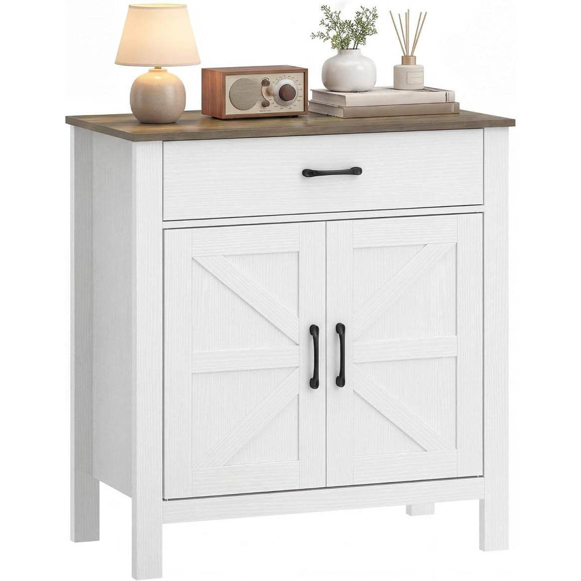 Buffet campagne avec portes style grange, tiroir de rangement et tablette reglable, blanc et marron, 77 x 39,3 x 81,5 cm
