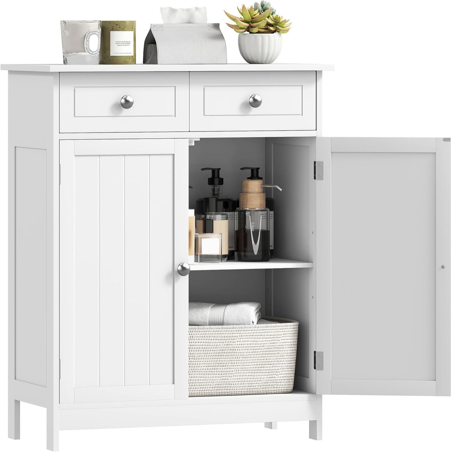 Armoire de salle de bain avec 2 tiroirs, double placard et etagere reglable, meuble de rangement 60 x 30 x 75 cm, blanc