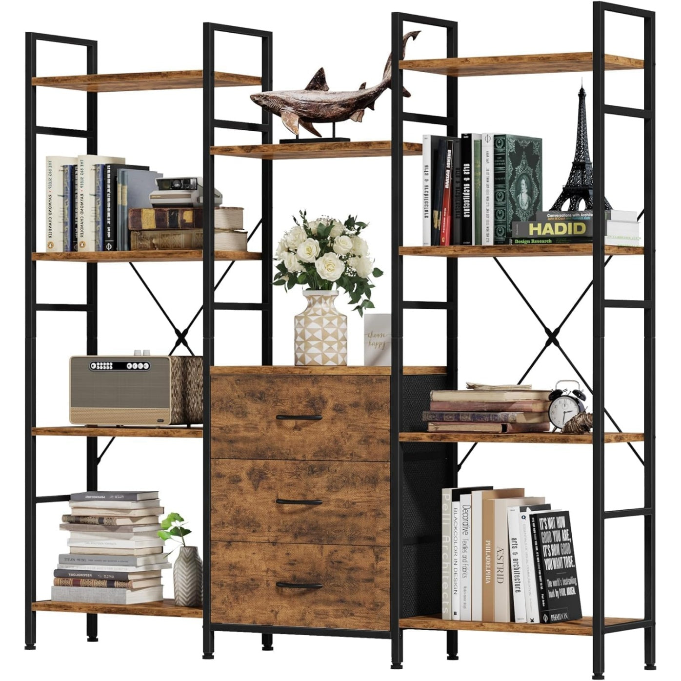 Bibliotheque haute avec 4 etageres ouvertes et 3 tiroirs en tissu, meuble de rangement pour salon, chambre ou bureau, finition bois rustique