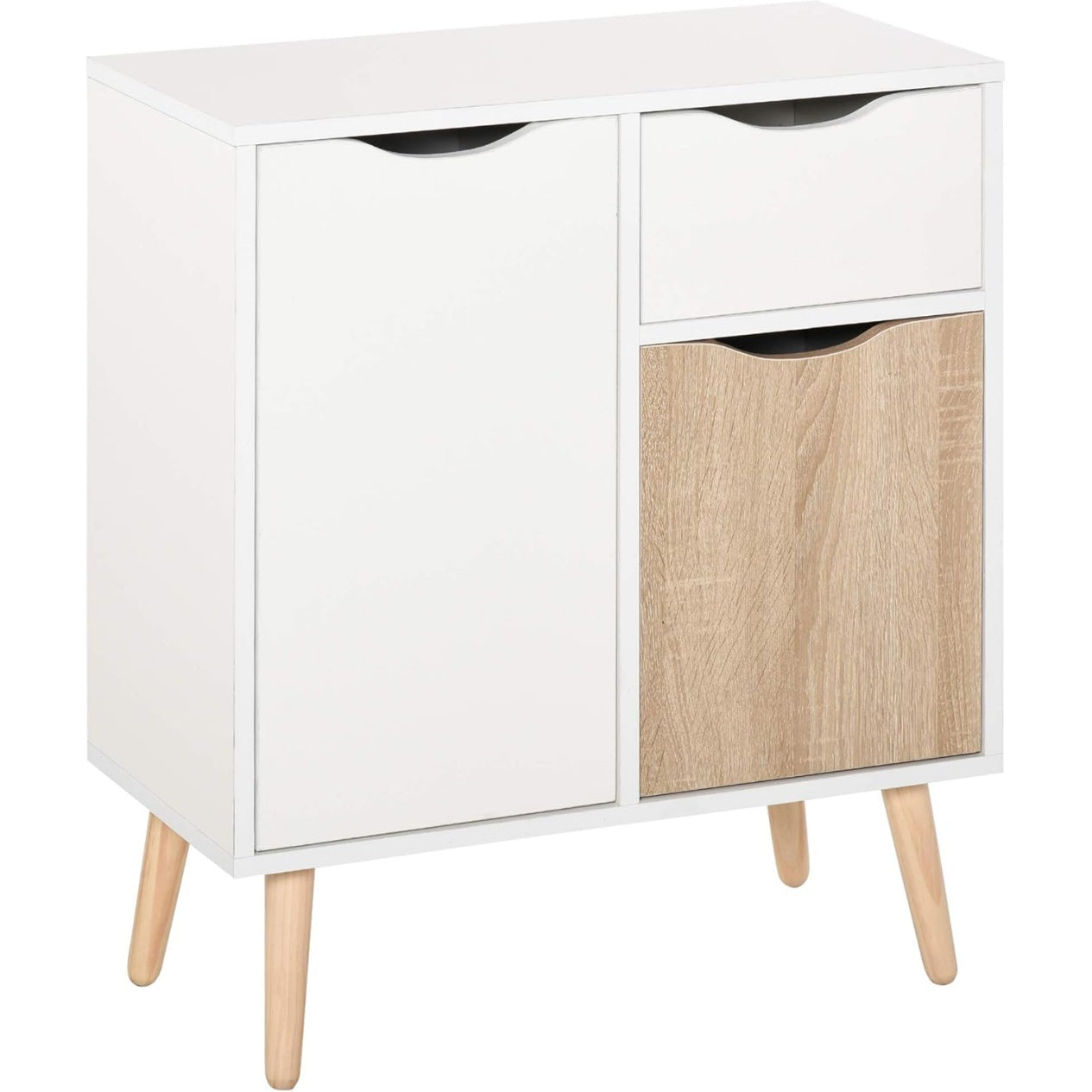 Buffet nordique blanc avec tiroir coulissant, placards lateraux et details chêne clair