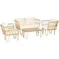 Salon de jardin 4 pieces en resine tressee avec canape 2 places, 2 fauteuils, table basse en verre trempe et 7 coussins, structure en acier, creme