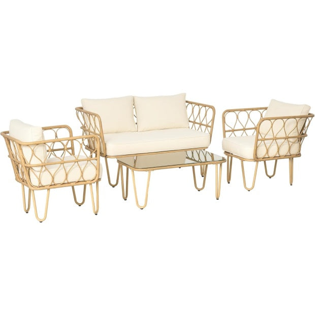 Salon de jardin 4 pieces en resine tressee avec canape 2 places, 2 fauteuils, table basse en verre trempe et 7 coussins, structure en acier, creme