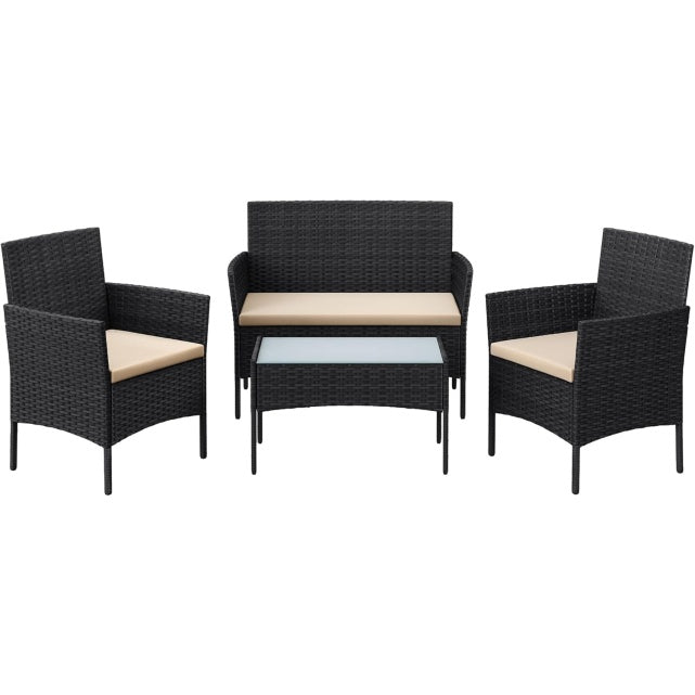 Salon de jardin 4 places en resine tressee, ensemble avec canape, 2 fauteuils et table basse pour terrasse ou balcon, noir et taupe