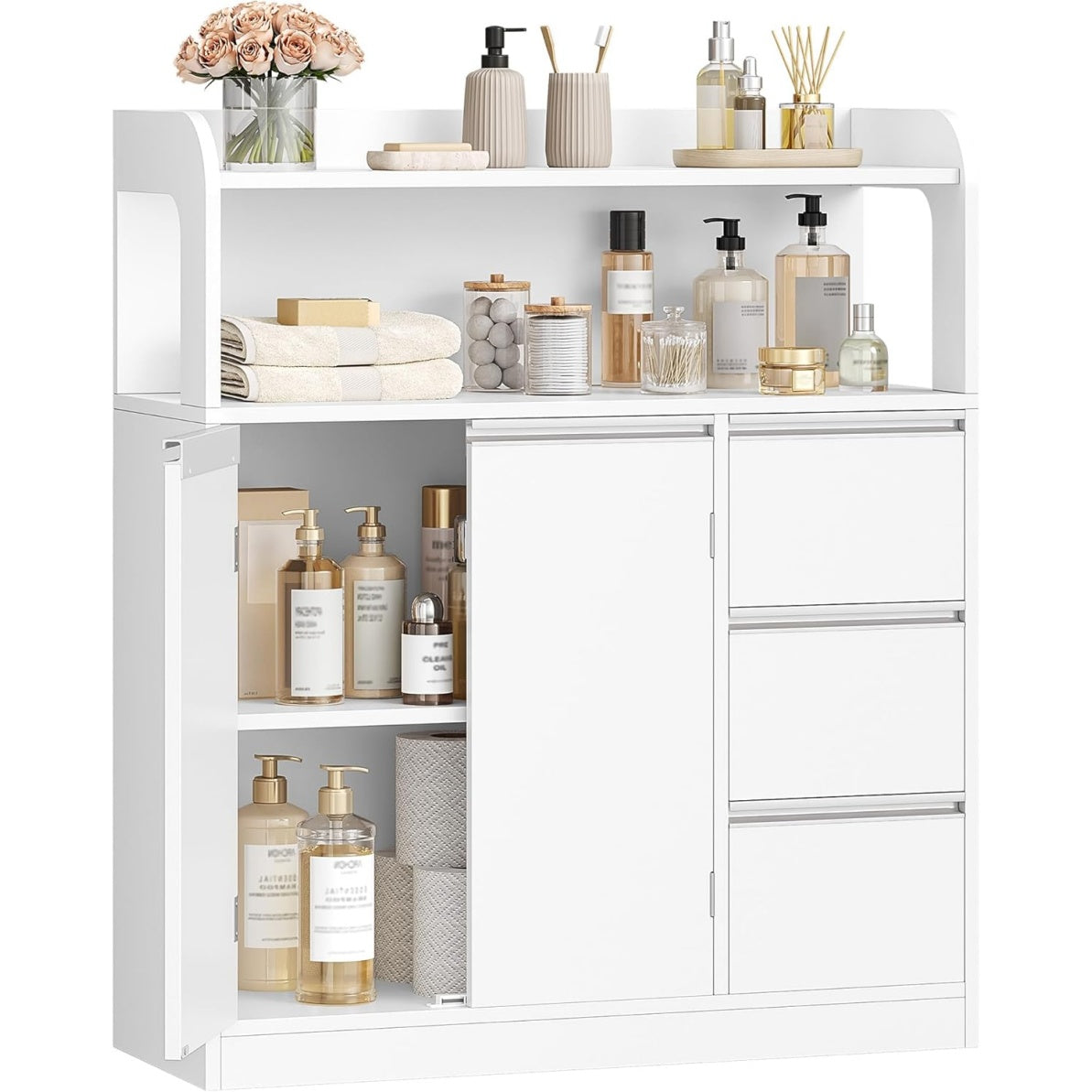 Meuble de rangement blanc avec trois tiroirs, deux portes et etagere interieure ajustable