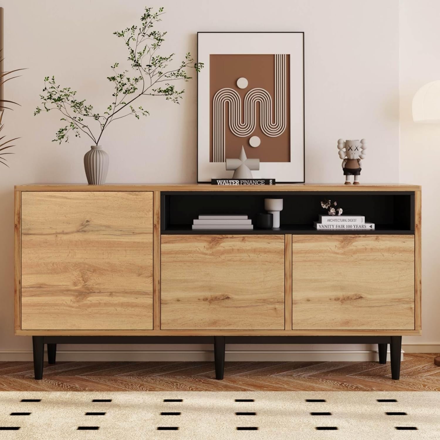 Bahut multifonction avec trois portes et compartiment ouvert, finition effet bois et noir, pour salon ou cuisine