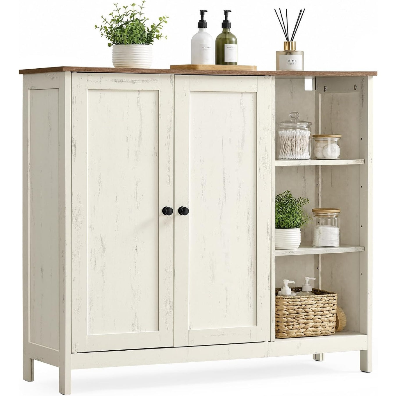 Meuble de rangement avec 2 portes et compartiments ouverts, armoire polyvalente 90 x 30 x 80 cm pour salle de bain, salon ou entree, blanc rustique et marron miel