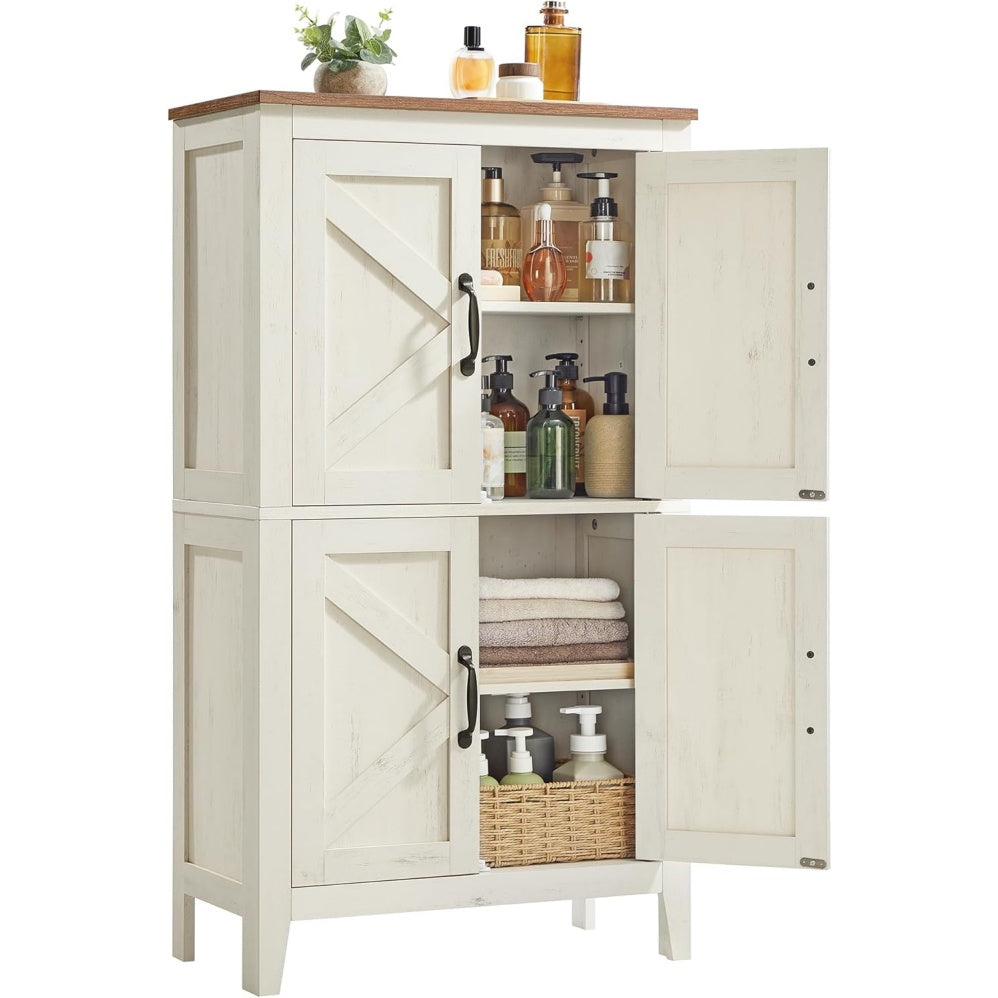 Armoire de rangement style ferme avec portes de grange et etageres reglables, buffet haut pour cuisine, salle de bain ou salon, blanc rustique