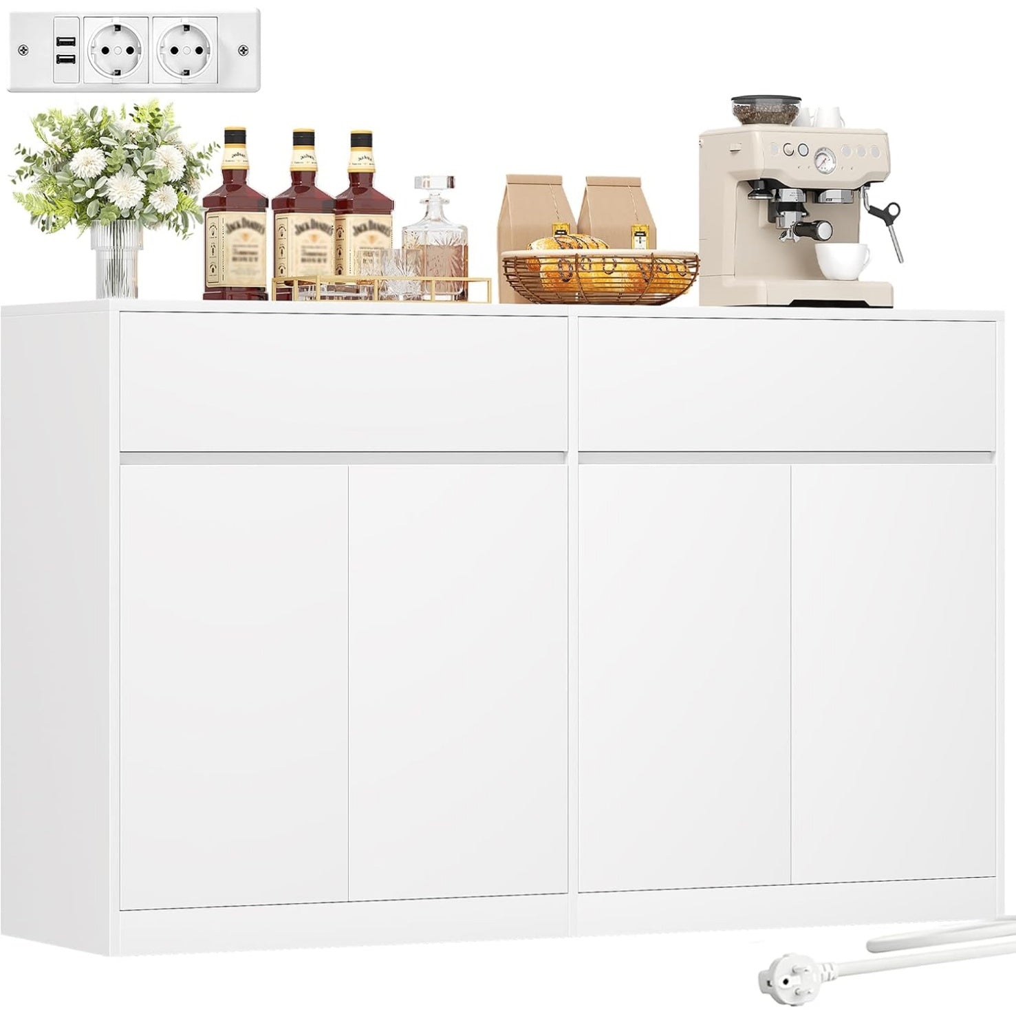 Buffet de cuisine 140 cm avec plan de travail, quatre portes, deux tiroirs et prise integree