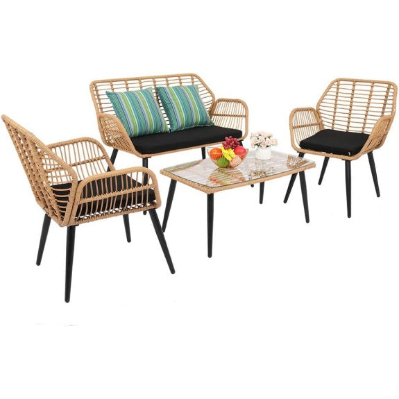 Ensemble de mobilier de jardin en resine tressee avec trois canapes, table en verre et coussins amovibles