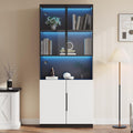 Vitrine bibliotheque avec portes en verre, etageres ajustables et eclairage LED en finition blanche