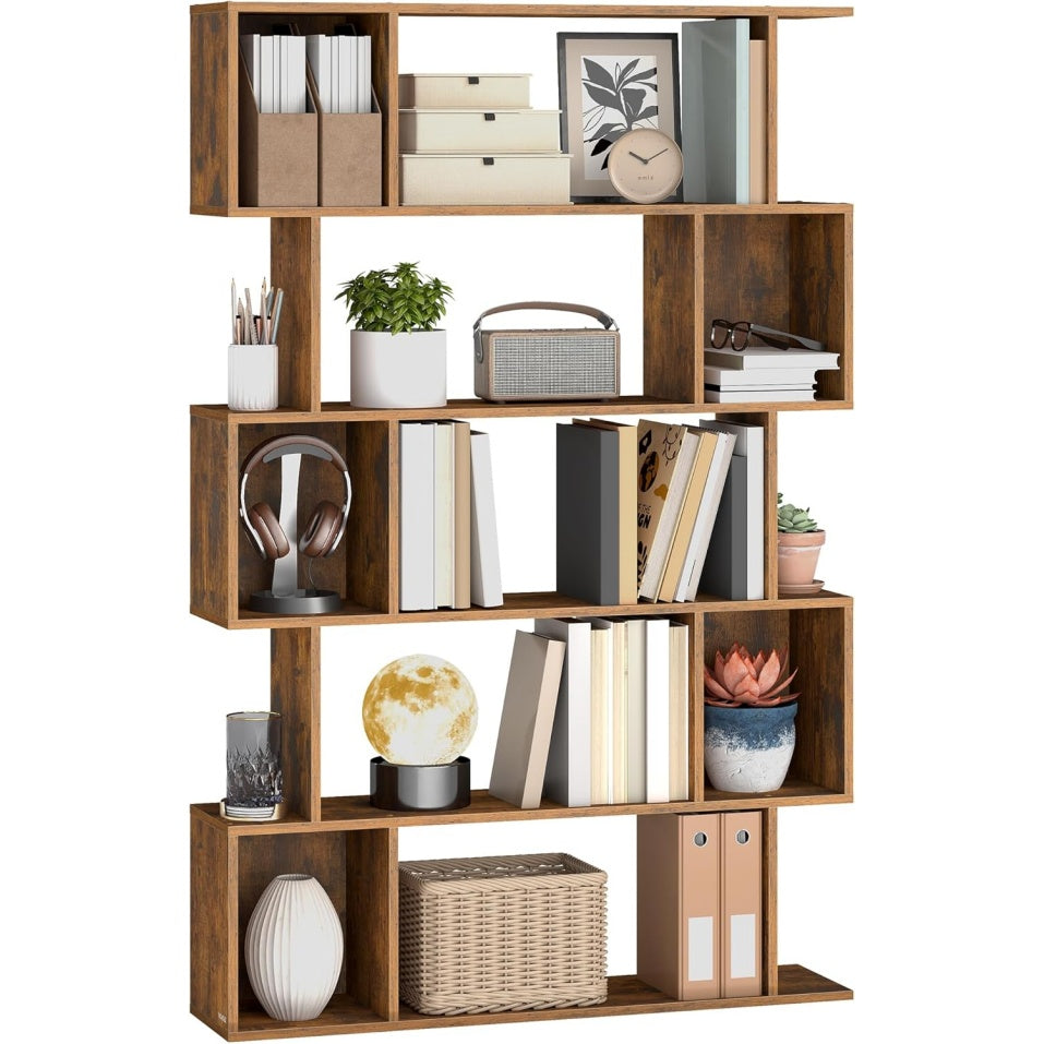 Bibliotheque 5 niveaux avec compartiments ouverts, etagere de rangement multifonction pour salon, chambre ou bureau, 24 x 90 x 159 cm, marron rustique