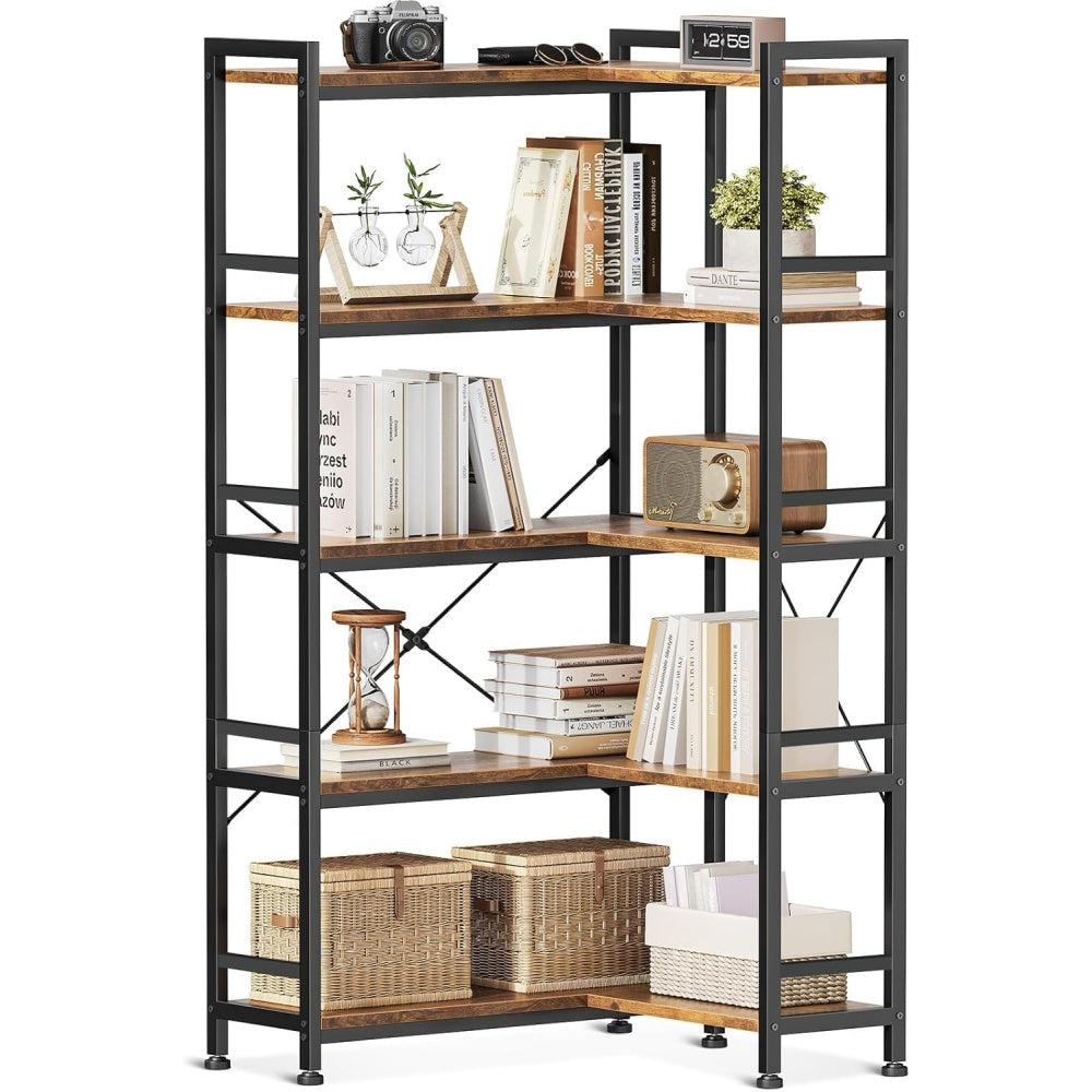 Bibliotheque d'angle en L a 5 niveaux, etagere de rangement gain de place pour salon, bureau ou chambre, marron
