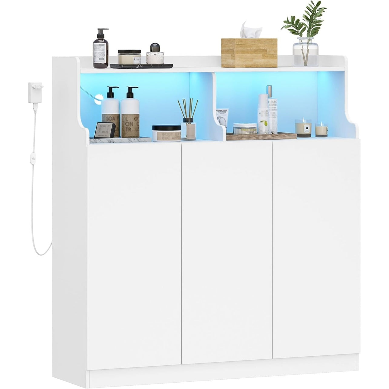 Armoire de rangement blanche avec eclairage, trois portes et etageres modulables