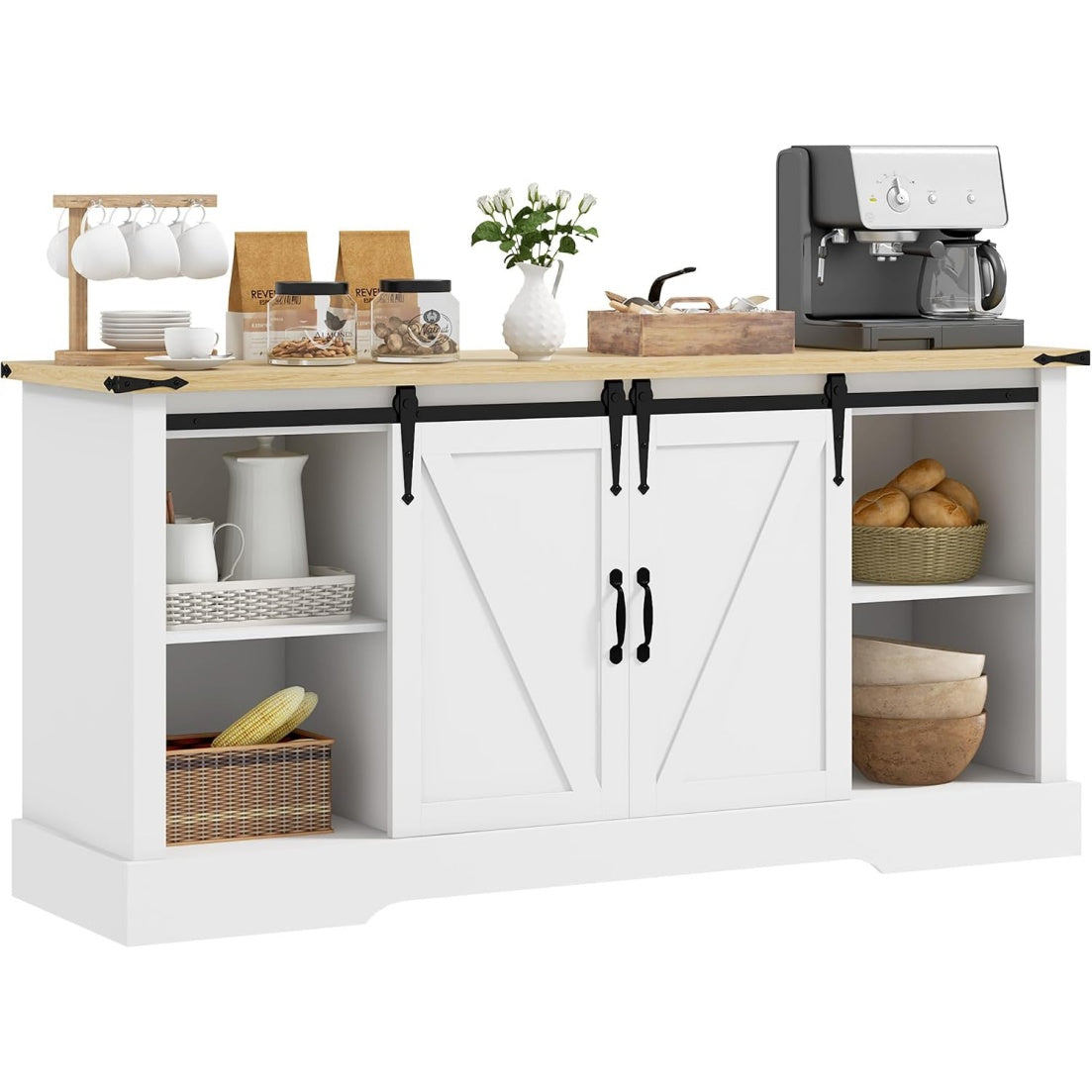 Buffet avec 2 portes coulissantes et etageres reglables, meuble de rangement 150 x 40 x 72 cm, blanc et chene