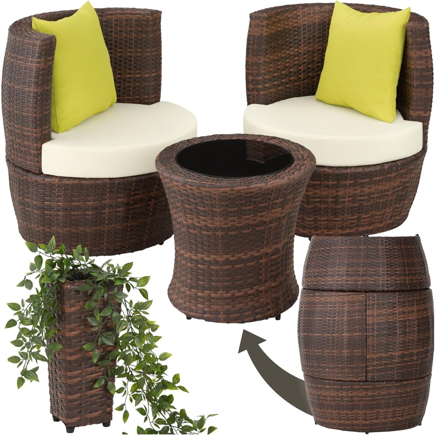 Salon de terrasse encastrable en aluminium et resine tressee avec coussins et table assortie