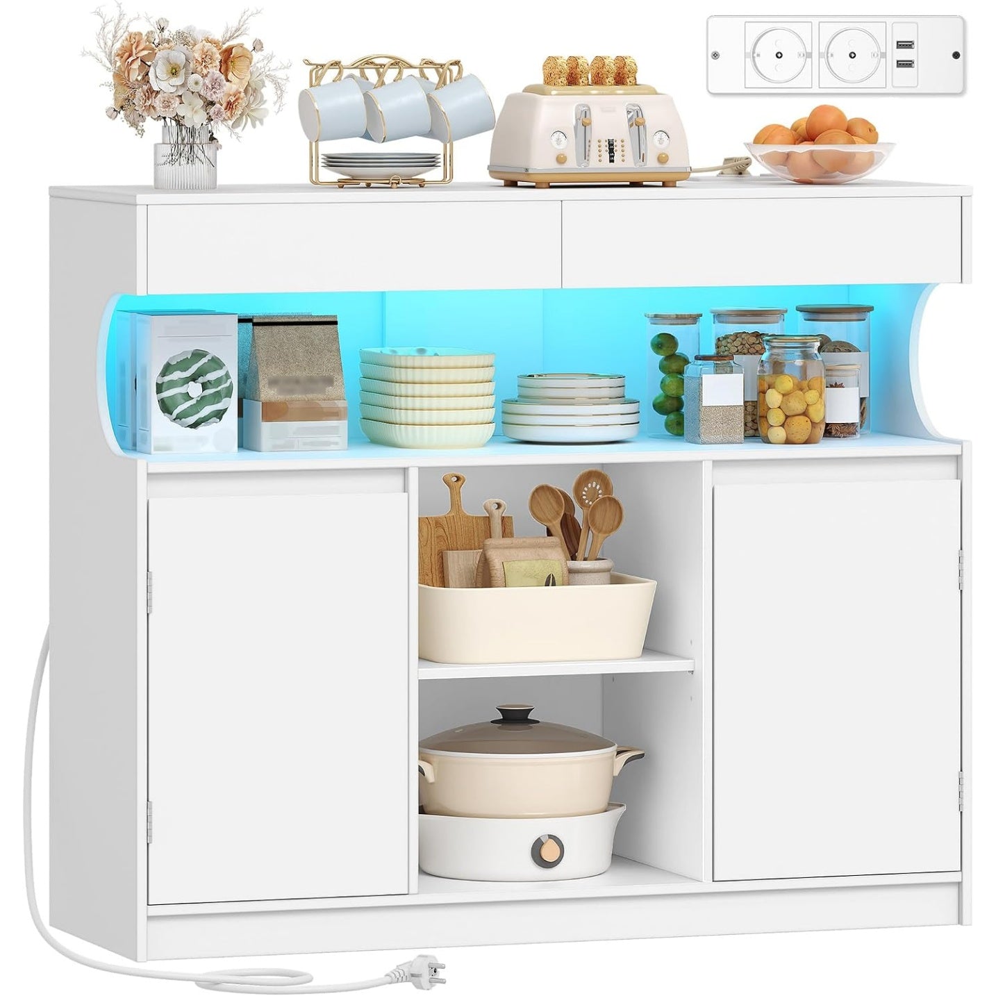 Buffet de cuisine avec multiprise integree, eclairage LED, 2 tiroirs, 2 portes et etageres reglables, meuble blanc