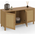 Buffet vintage imitation bois avec façades en cannage et trois compartiments fermes