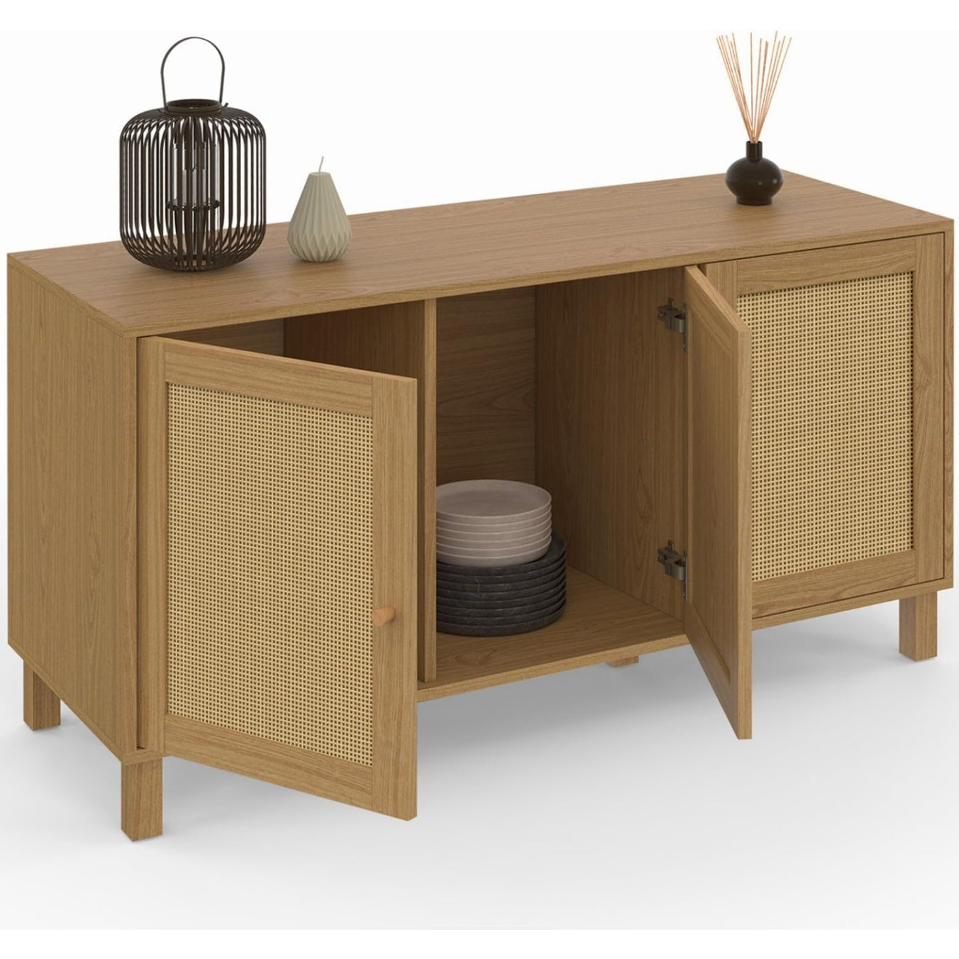 Buffet vintage imitation bois avec façades en cannage et trois compartiments fermes
