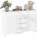 Buffet blanc brillant avec eclairage LED, quatre tiroirs, portes a fermeture douce et etageres reglables