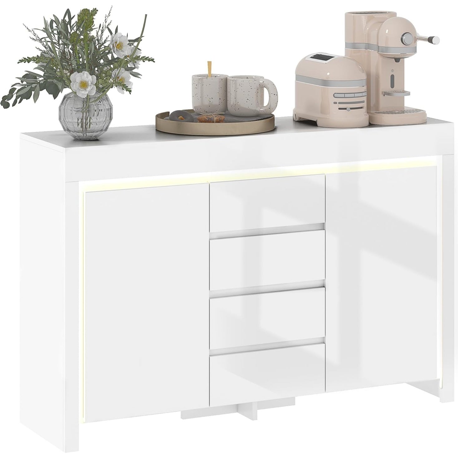 Buffet blanc brillant avec eclairage LED, quatre tiroirs, portes a fermeture douce et etageres reglables