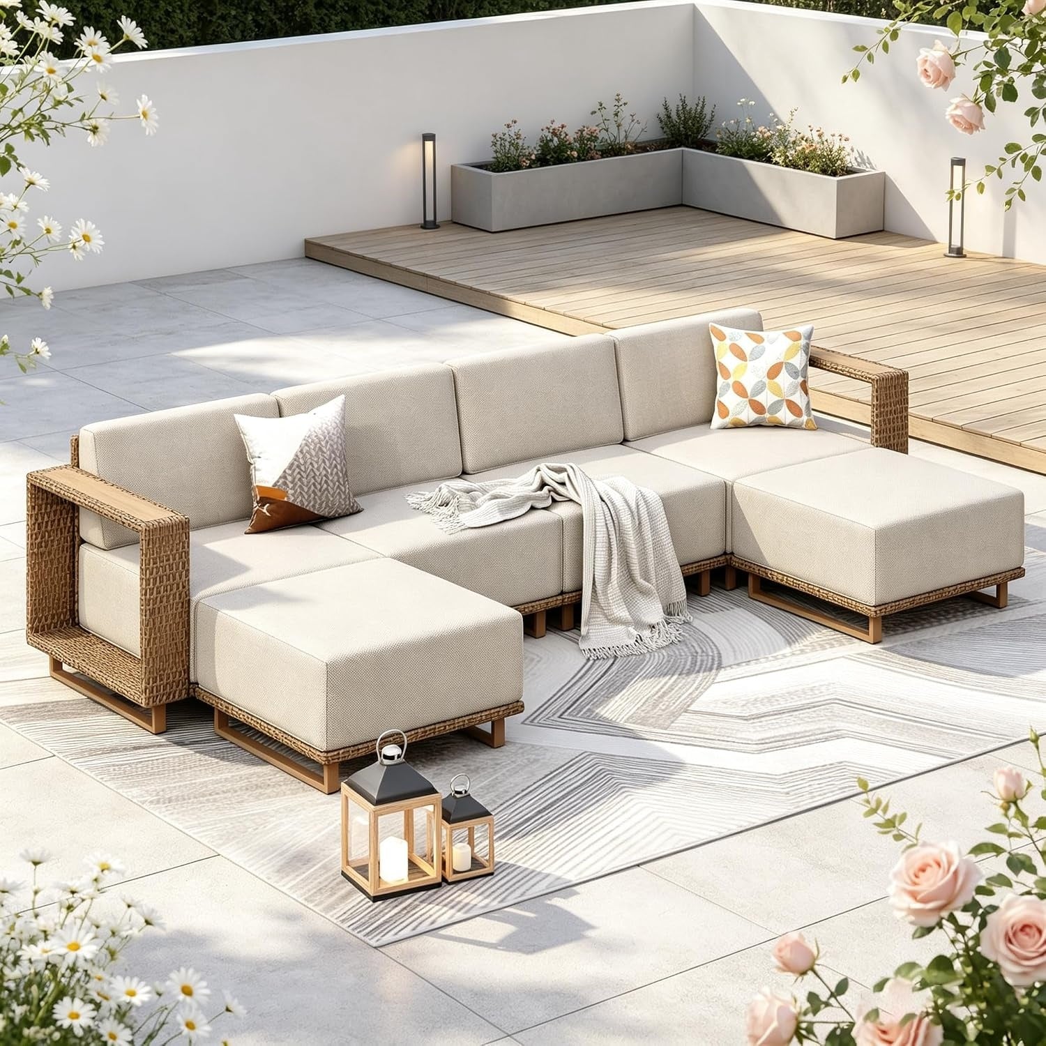 Salon de jardin en resine tressee pour six personnes avec canape et mobilier exterieur resistant aux intemperies