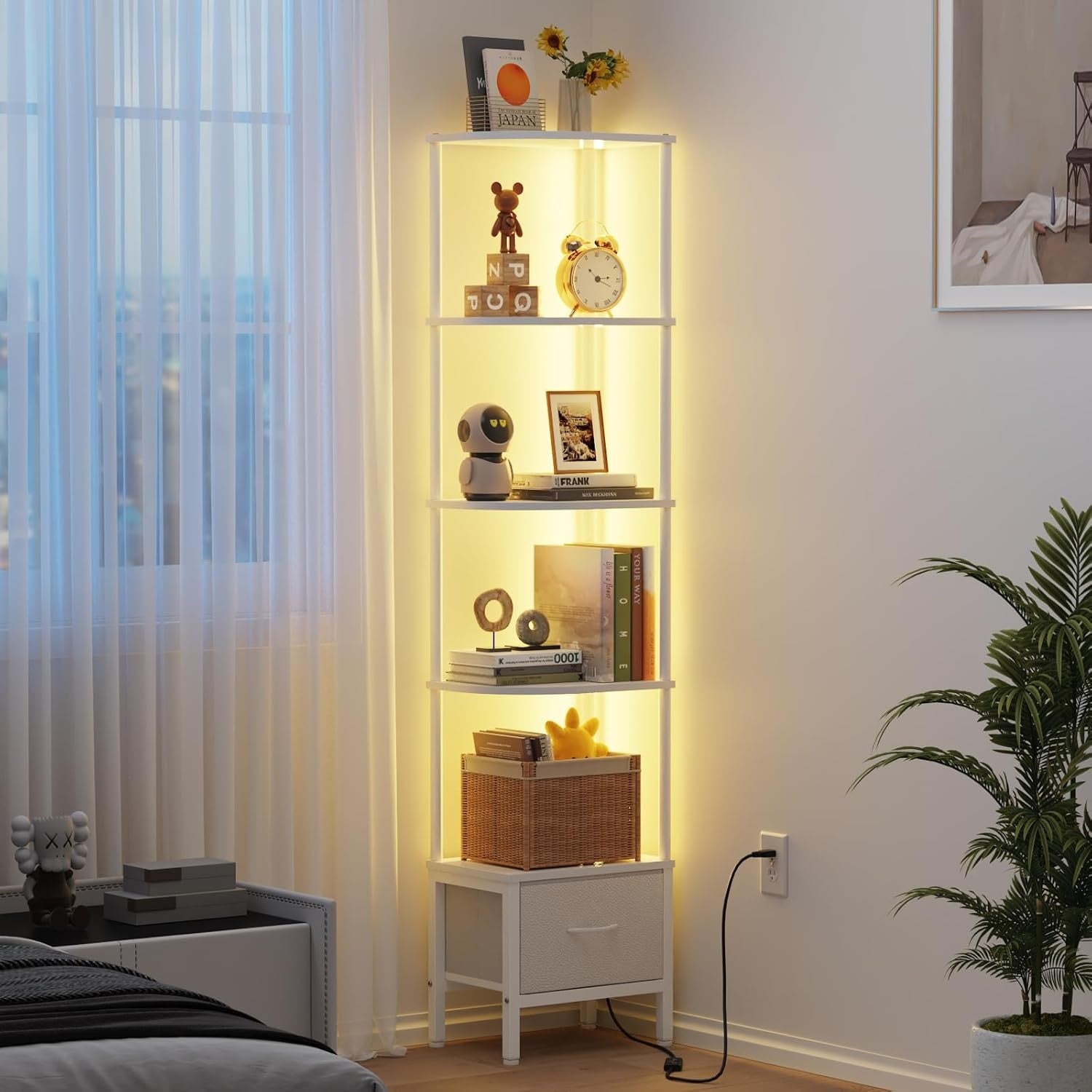 Etagere dangle blanche a 5 niveaux avec tiroir et eclairage LED integre
