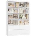 Bibliotheque blanche avec neuf etageres ouvertes et quatre tiroirs de rangement, largeur 120 cm