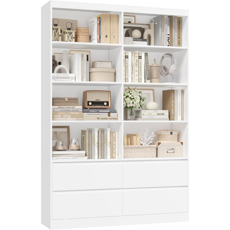 Bibliotheque blanche avec neuf etageres ouvertes et quatre tiroirs de rangement, largeur 120 cm