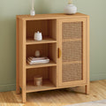 Buffet dappoint 70 cm avec 3 etageres et placard, meuble de rangement effet bois et cannage