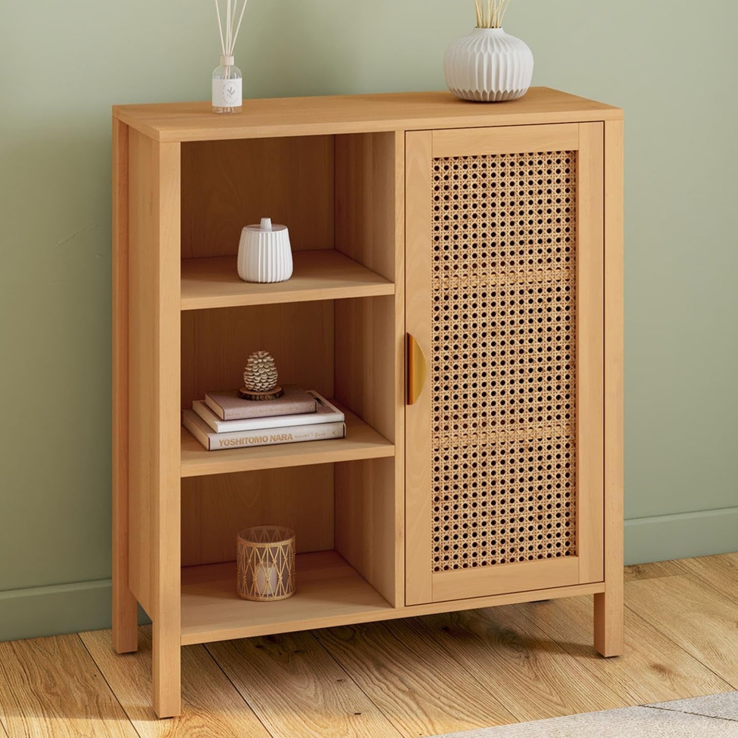 Buffet dappoint 70 cm avec 3 etageres et placard, meuble de rangement effet bois et cannage