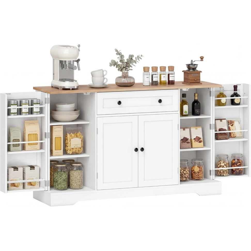 Buffet de cuisine moderne avec tiroir, quatre portes, etageres reglables et rangements integres pour salle a manger, salon ou chambre