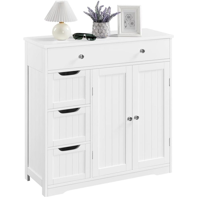 Armoire de rangement avec 4 tiroirs, placard et etagere reglable, meuble multifonction pour salle de bain, cuisine ou entree, blanc