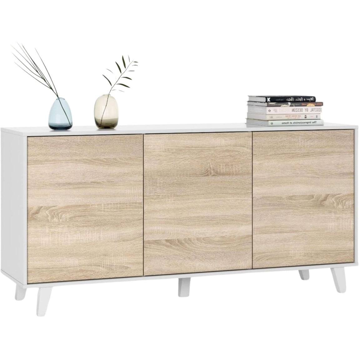 Buffet 154 cm avec 3 portes, meuble de rangement moderne blanc brillant et chêne canadien pour salon ou salle a manger