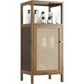 Armoire etroite en bambou avec portes en rotin, meuble de rangement 4 niveaux pour salle de bain, cuisine ou salon, finition noyer