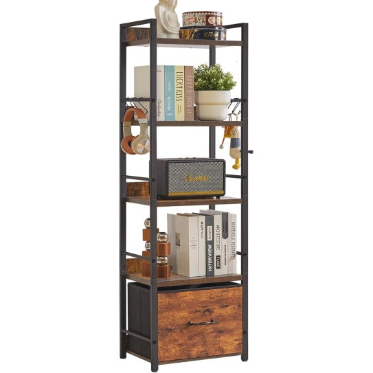Bibliotheque industrielle 4 niveaux avec tiroirs en tissu, etagere de rangement multifonction pour chambre, bureau ou cuisine, marron rustique