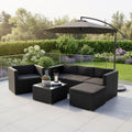 Salon de jardin en resine tressee avec canape, fauteuil, tabouret, table et coussins, ensemble 4 a 5 places, noir et gris