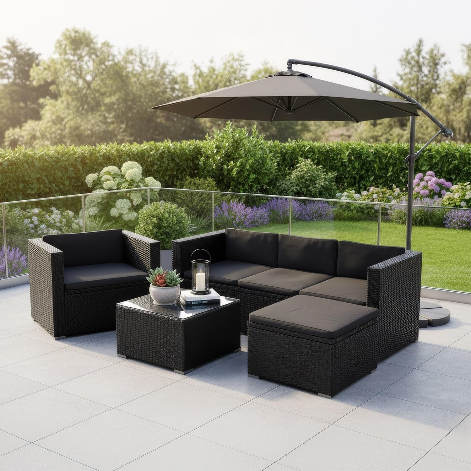 Salon de jardin en resine tressee avec canape, fauteuil, tabouret, table et coussins, ensemble 4 a 5 places, noir et gris