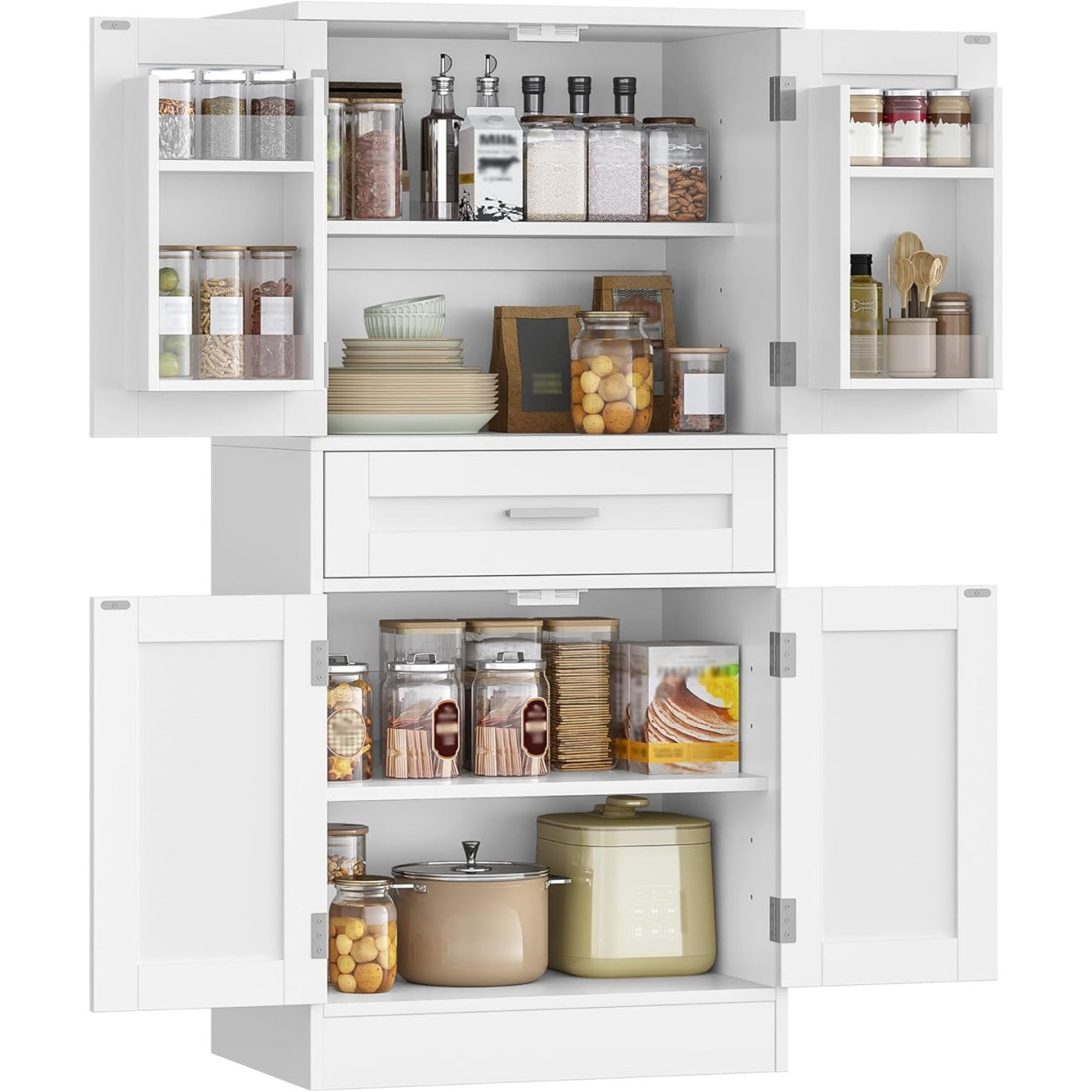 Armoire haute de cuisine avec 4 portes, grand tiroir et porte-etagere laterale, meuble de rangement blanc