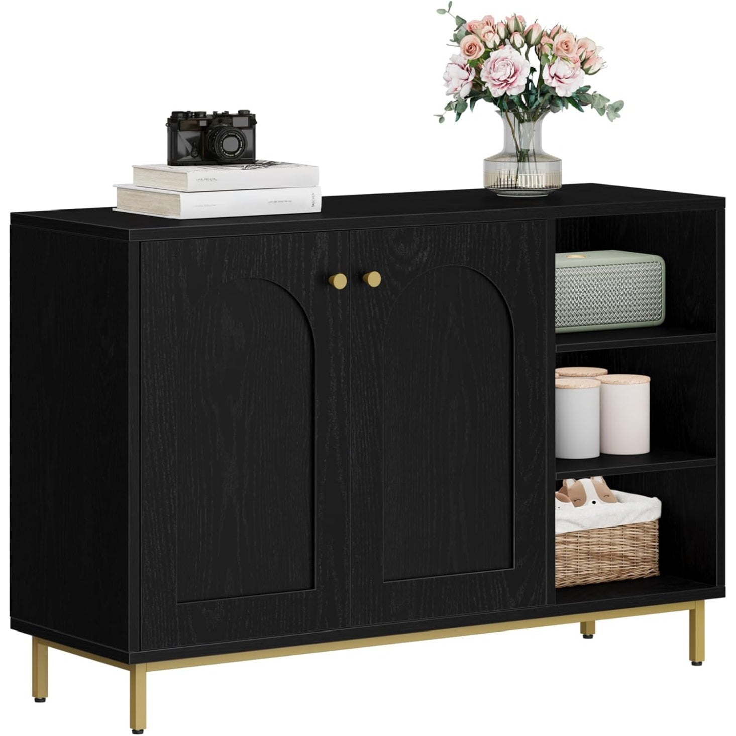 Meuble de salle de bain avec 2 portes et compartiment ouvert, armoire de rangement 35 x 100 x 75 cm, noir