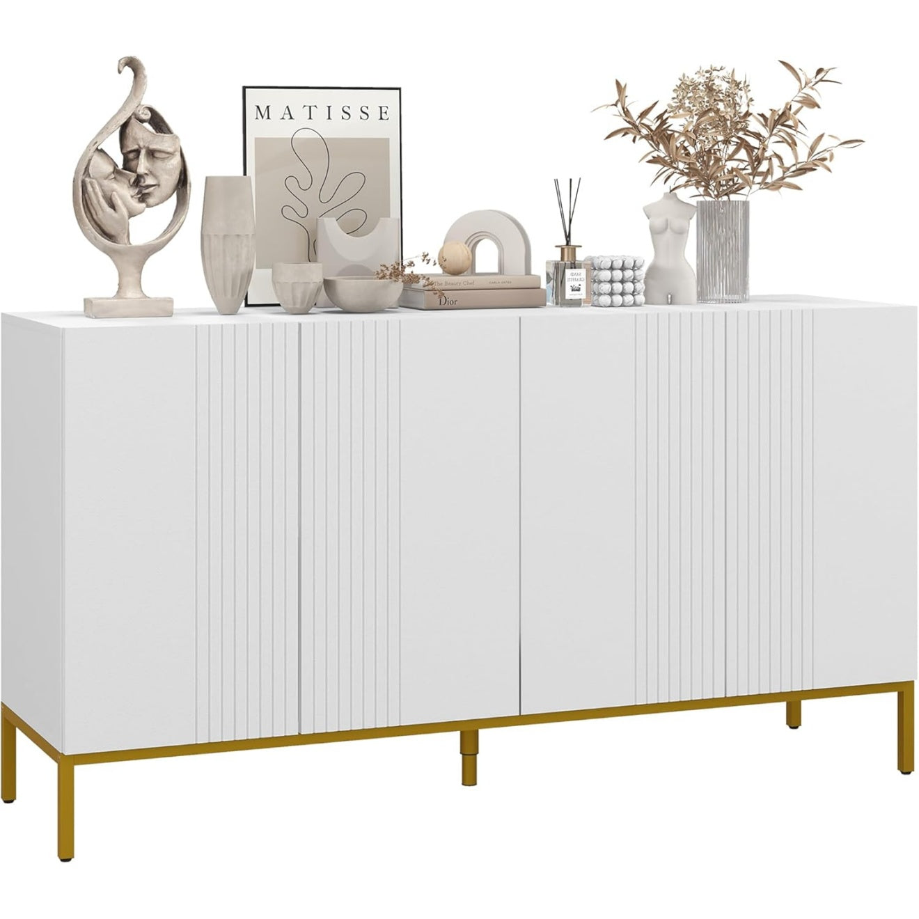 Bahut moderne avec deux placards, etageres ajustables et piement metal dore, blanc