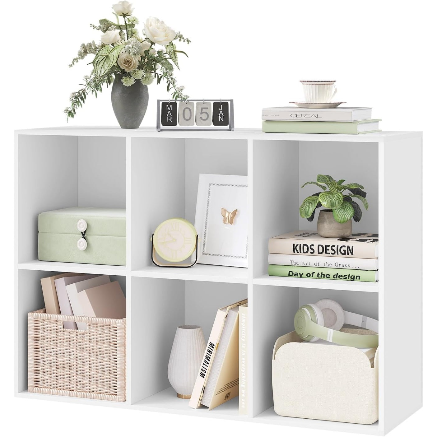 Bibliotheque avec 6 compartiments, meuble de rangement en panneaux de particules 59,6 x 29 x 89 cm, blanc